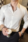 网红背带装饰设计感衬衫男长袖帅气休闲痞帅衬衣白色C6602-P75，男装衬衫，电商A213