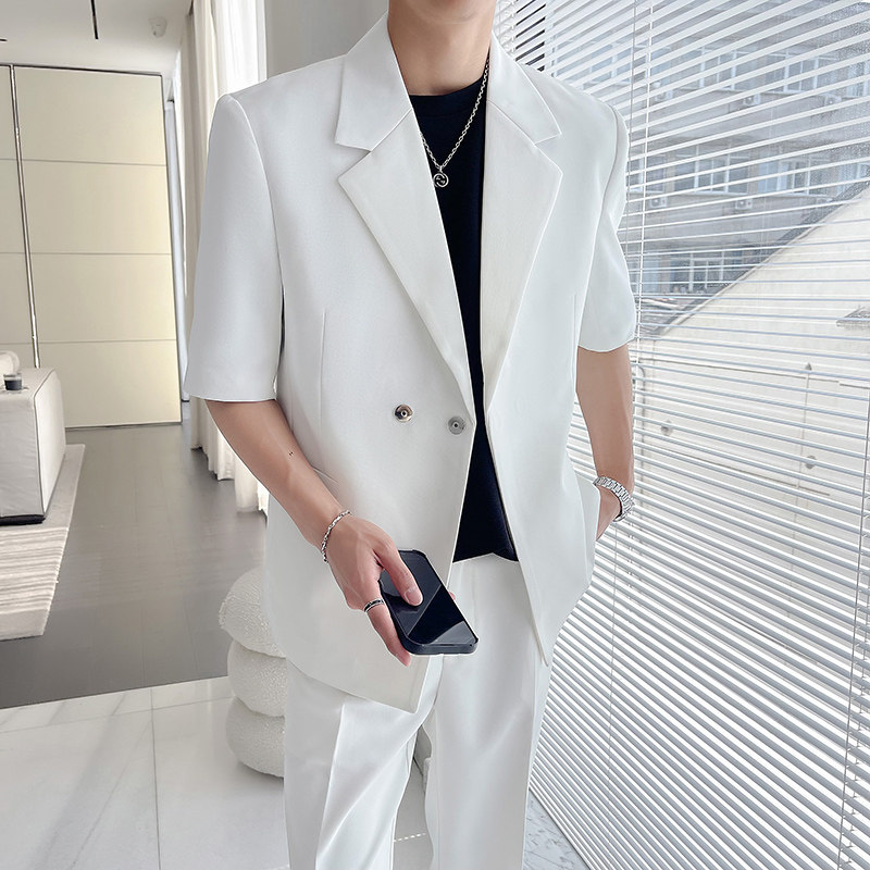 送皮带~夏装男宽松质感白色中袖西装两件套短袖西服LJT5503-P220,男装T恤,电商A213
