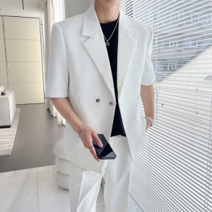 轻熟风夏装男宽松质感黑色中袖西装两件套短袖西服LJT5503-P220图片