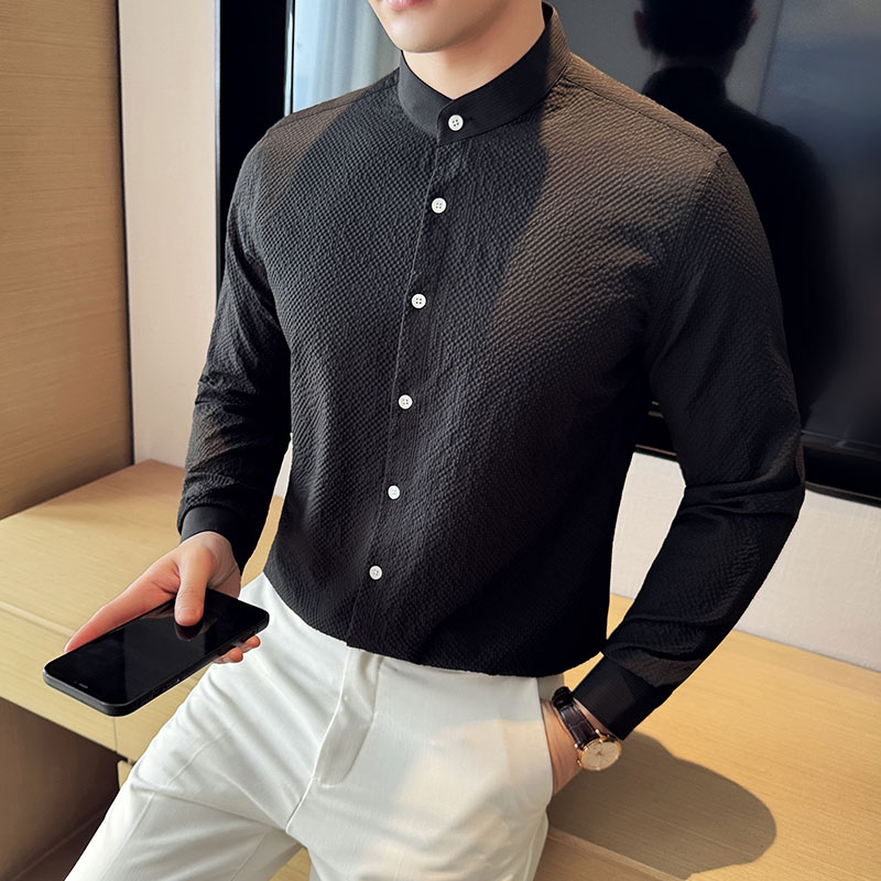 新中式立领长袖衬衫男高级感弹力泡泡纱衬衣白色C2030-P63,男装衬衫,电商A213