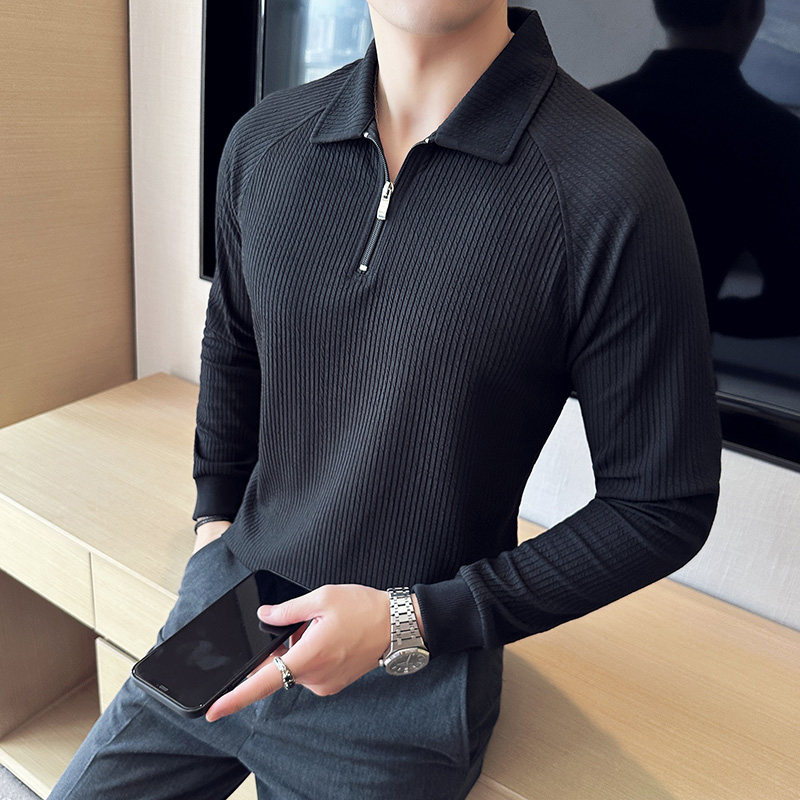高弹加厚泡泡纱面料半拉链polo衫男长袖翻领t恤黑色PL2637-P63,男装T恤,电商A213