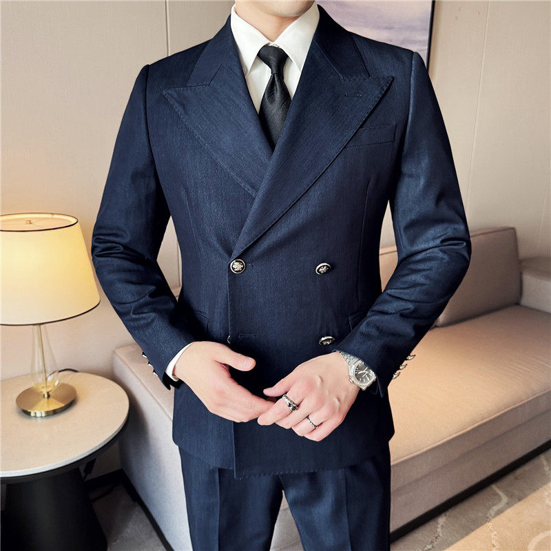 重磅加厚~布雷泽西服外套男双排扣大戗驳领西装牛仔蓝DX706-P193，男装西服，电商A213