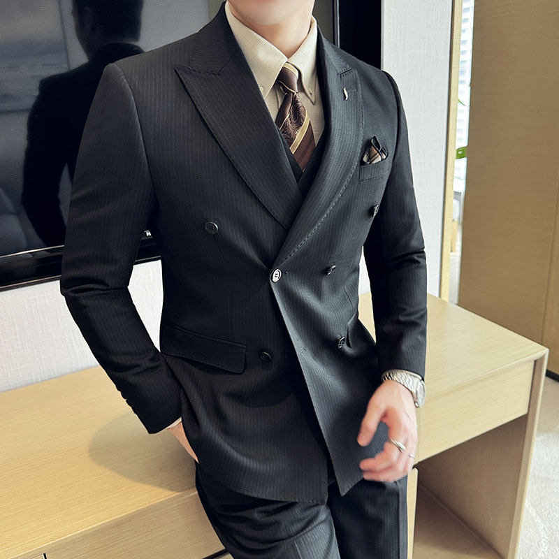 戗驳领珠边高级感条纹西服新郎结婚礼服西装三件套SJT8032-P285,男装西服套装,电商A213