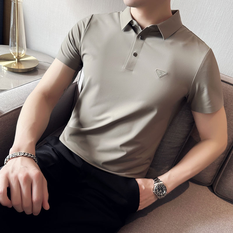 英伦风~暗条纹高弹冰丝翻领无痕T恤男士短袖POLO衫卡其色PL03-P60图片