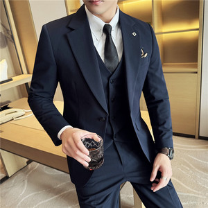M-7XL一粒扣西装两件套男修身商务西服套装藏青色LJT7051-P150特图片