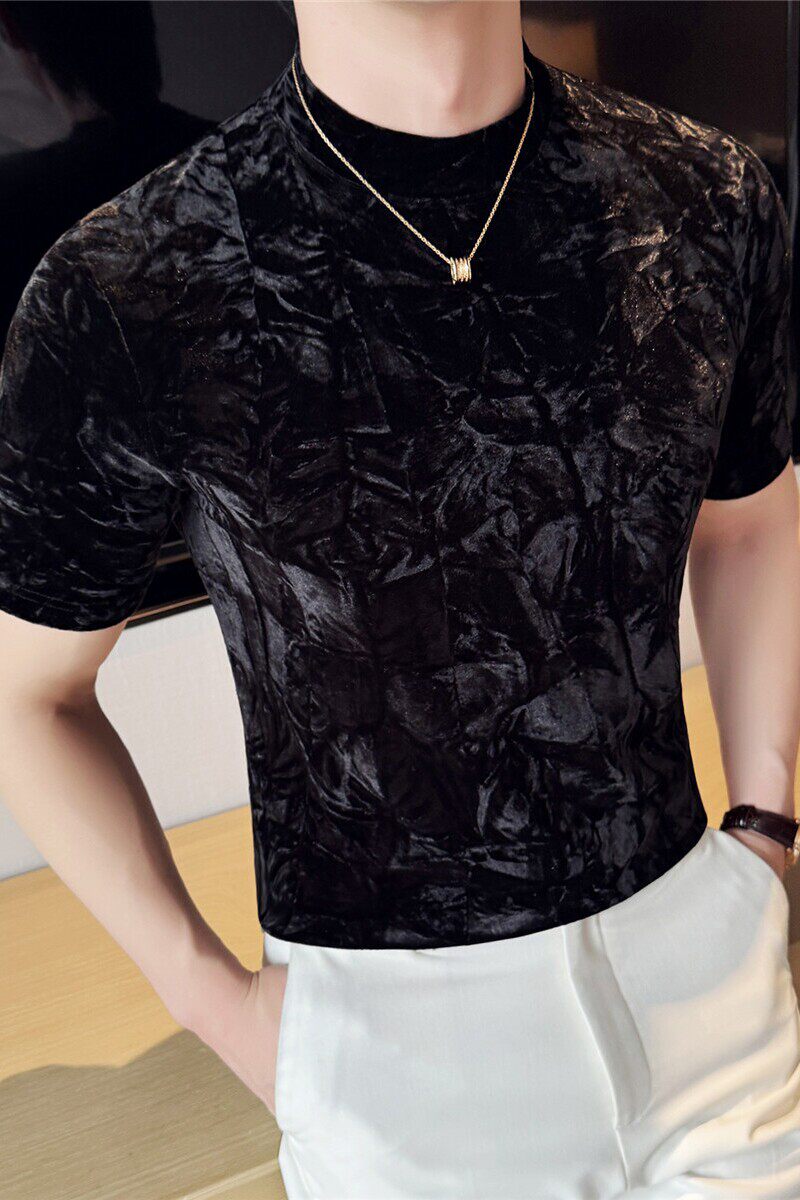 褶皱金丝绒小圆领短袖T恤男弹力半高领打底衫修身黑色DT099-P37特图片