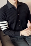 男士假两件针织衫开衫衬衫领时尚条纹毛衣外套两件套M93103-P93，男装针织衫/毛衣，电商A213