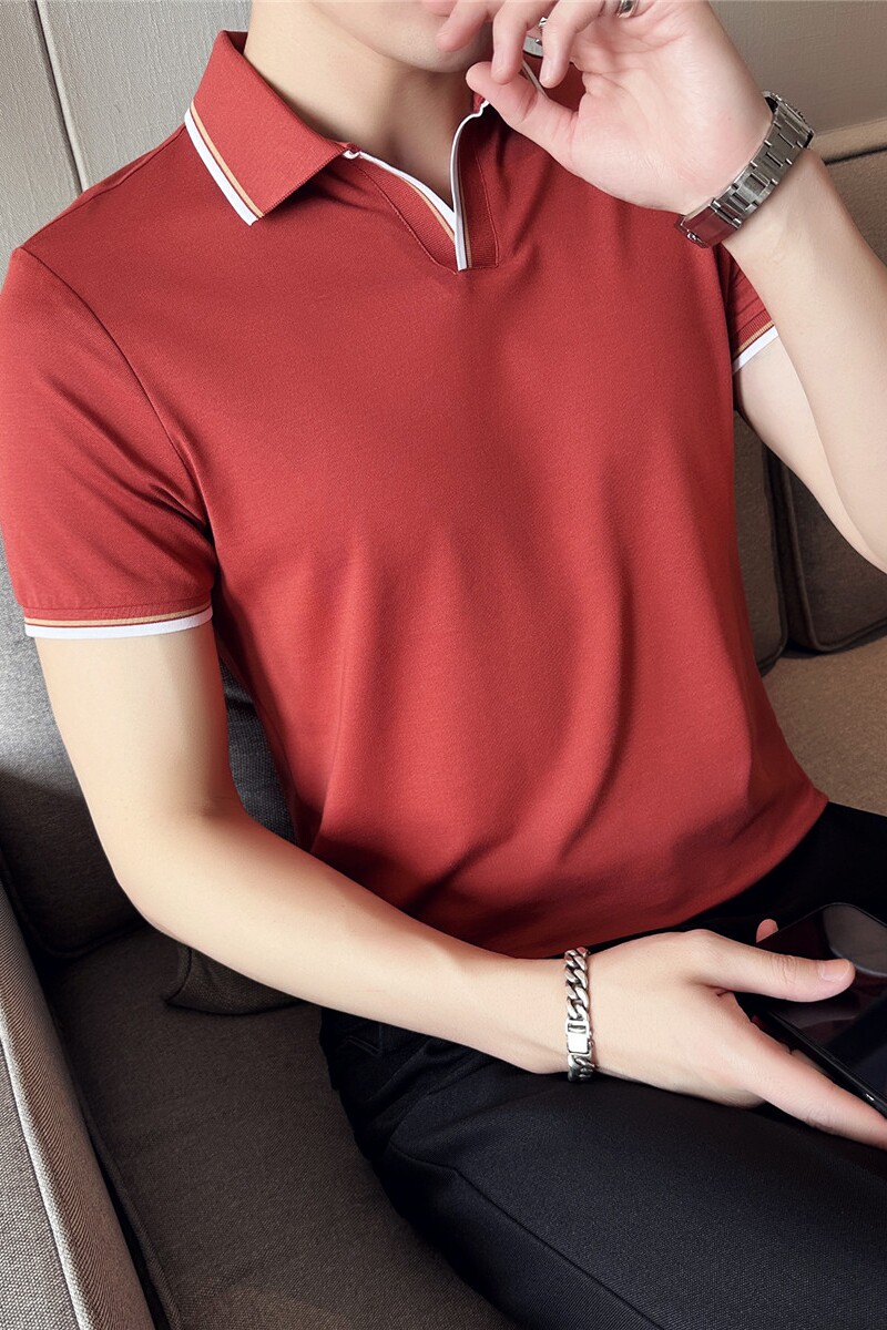 英伦风~V领拼色翻领T恤男士短袖POLO衫枫叶红PL05-P55,男装T恤,电商A213