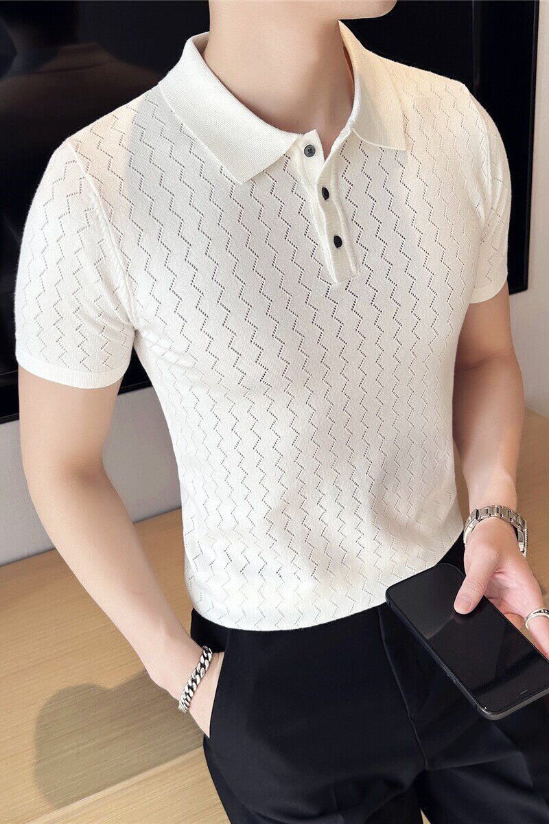 冰丝波浪条纹针织翻领短袖男T恤修身薄款镂空Polo衫PL9762-P47,男装Polo衫,电商A213
