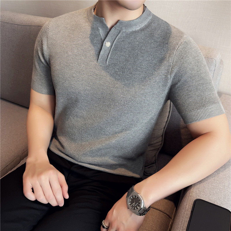 老钱风亨利领针织短袖男T8986-P57，男装Polo衫，电商A213