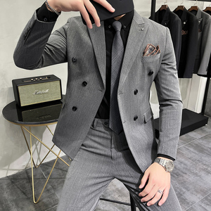 加厚宽条纹双排扣西服套装男商务西装两件套修身中灰LJT306/P230图片