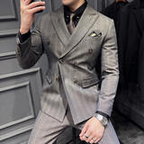 双排扣色织格纹西服新郎结婚礼服格子西装三件套男SJT8035-P285，男装西服套装，电商A213