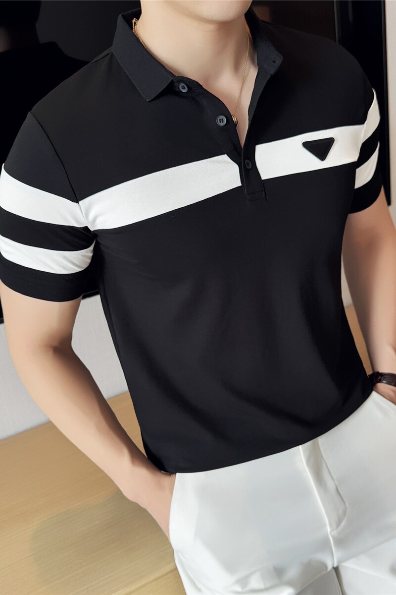 网红款~夏季时尚条纹拼色polo衫男撞色短袖翻领t恤PL222-P47特图片