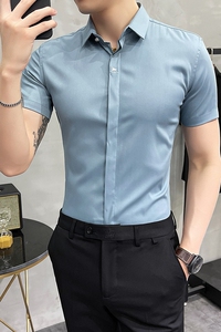 2025夏季新款男刺绣短袖衬衫暗门襟暗扣衬衣修身浅蓝色C1809-P60图片