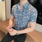 长期有货~薄款男时尚花短袖衬衫印花碎花衬衣修身C1815-P60，男装T恤，电商A213