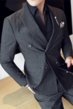 色织高品质西服套装条纹双排扣戗驳领西装两件套灰色LJT8023-P220，男装西服套装，电商A213