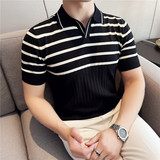 夏季冰丝薄款短袖T恤男条纹针织拼色V领polo衫MT054-P57，男装Polo衫，电商A213