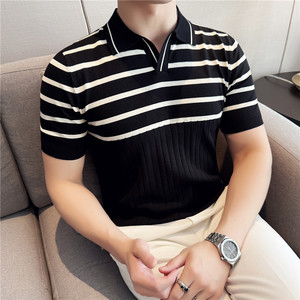 夏季冰丝薄款短袖T恤男条纹针织拼色V领polo衫MT054-P57图片