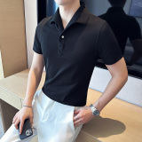 个性立体一字领polo衫男商务时尚古巴领短袖T恤藏青色PL2426-P63，男装T恤，电商A213