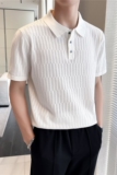 轻熟风~冰丝洞洞针织翻领短袖男T恤修身镂空Polo衫白色PL9770-P63，男装T恤，电商A213