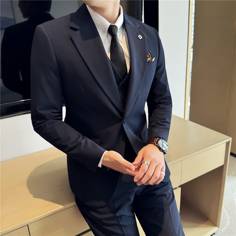 高品质一粒扣西装套装男修身商务西服三件套浅灰色SJT7051-P190特