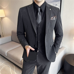 春秋戗驳领双开叉两粒扣西装男套装西服三件套黑色SJT505-P265图片