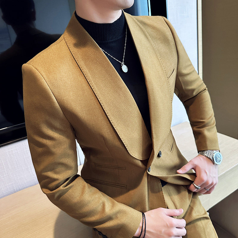 双排扣青果领男士质感休闲西服外套时尚西装卡其色DX8811-P137图片