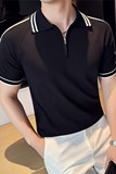 【天丝莱赛尔】条纹拼色冰丝针织POLO衫短袖T恤男黑色PL2410-P67，男装Polo衫，电商A213