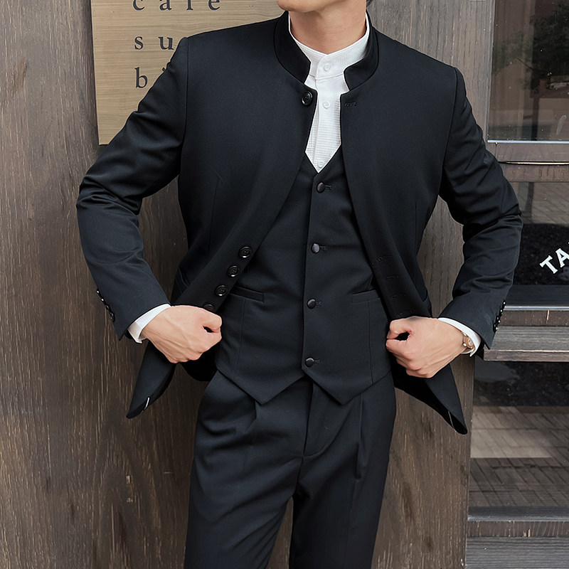 2025新中式立领西装三件套高级感纽扣装饰西服套装男SJT119-P258,男装西服,电商A213
