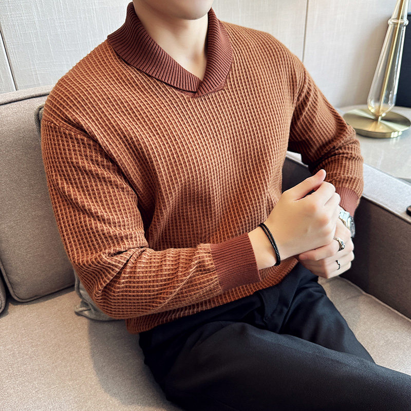 青果领毛衣男针织套头毛衣时尚网格毛线针织衫棕色M9915-P83,男装针织衫/毛衣,电商A213