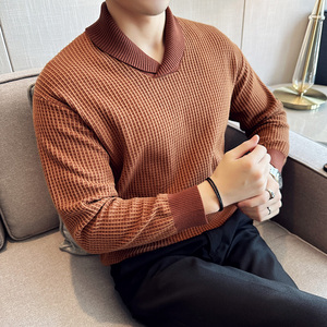 青果领毛衣男针织套头毛衣时尚网格毛线针织衫棕色M9915-P83图片