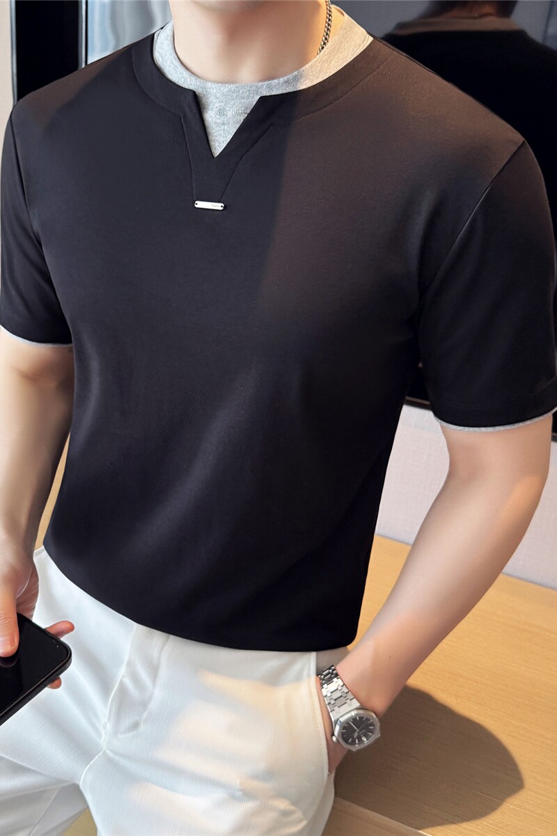 薄款液氨棉假两件短袖T恤男金属装饰撞色时尚叠穿潮黑色T2825-P63,男装T恤,电商A213