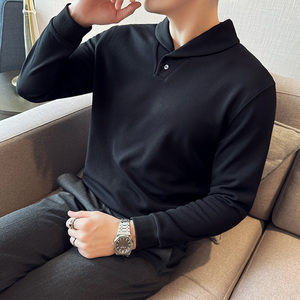 加厚泡泡纱面料古巴领长袖Polo衫男V领青果领卫衣打底衫W2808-P68