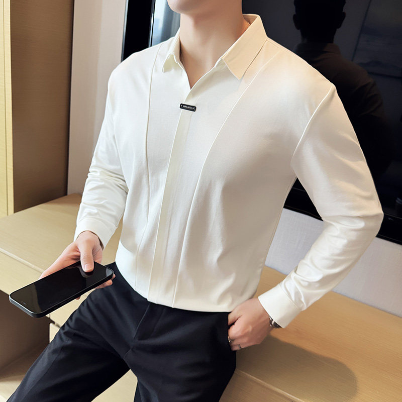 拼接个性V领长袖POLO衫男高级感弹力无痕翻领T恤黑色T2811-P78图片