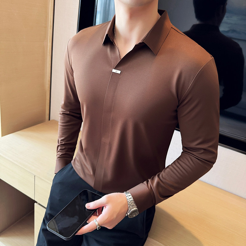 个性V领长袖POLO衫男高级感弹力无痕翻领T恤咖啡色T6661-P68图片