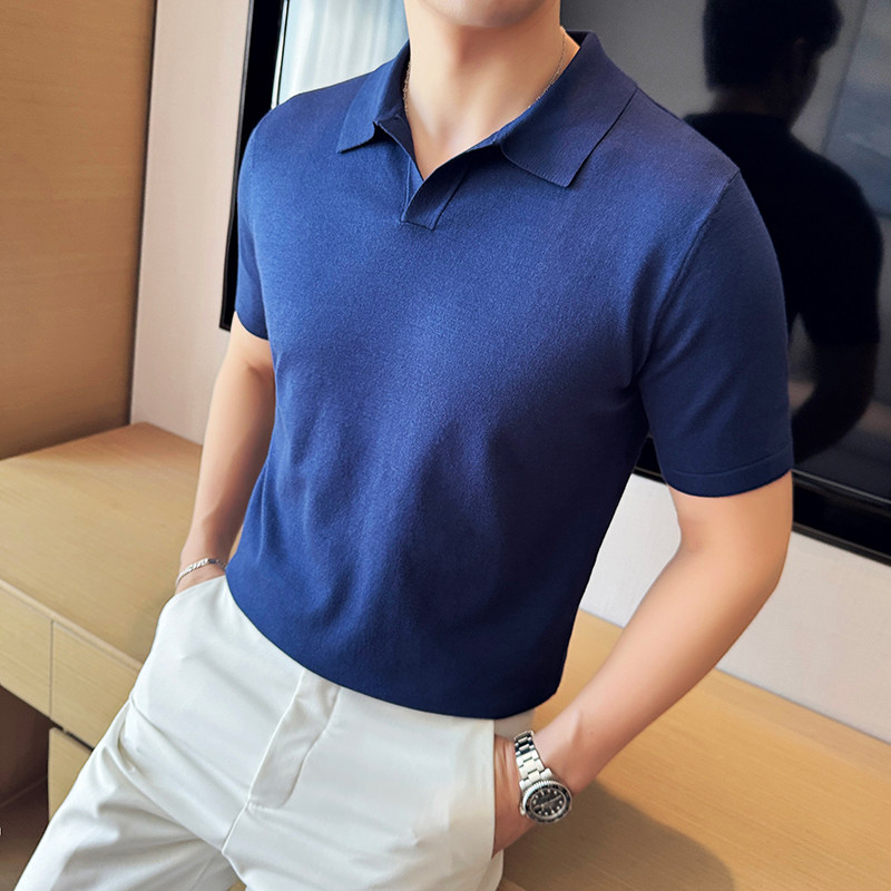 夏季冰丝薄款V领针织短袖Polo衫男纯色翻领T恤宝蓝色PL8925-P53图片