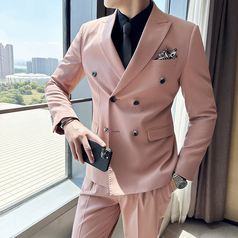 高品质面料西服套装双排扣戗驳领西装三件套男桔粉色SJT8011-P275,男装西服套装,电商A213