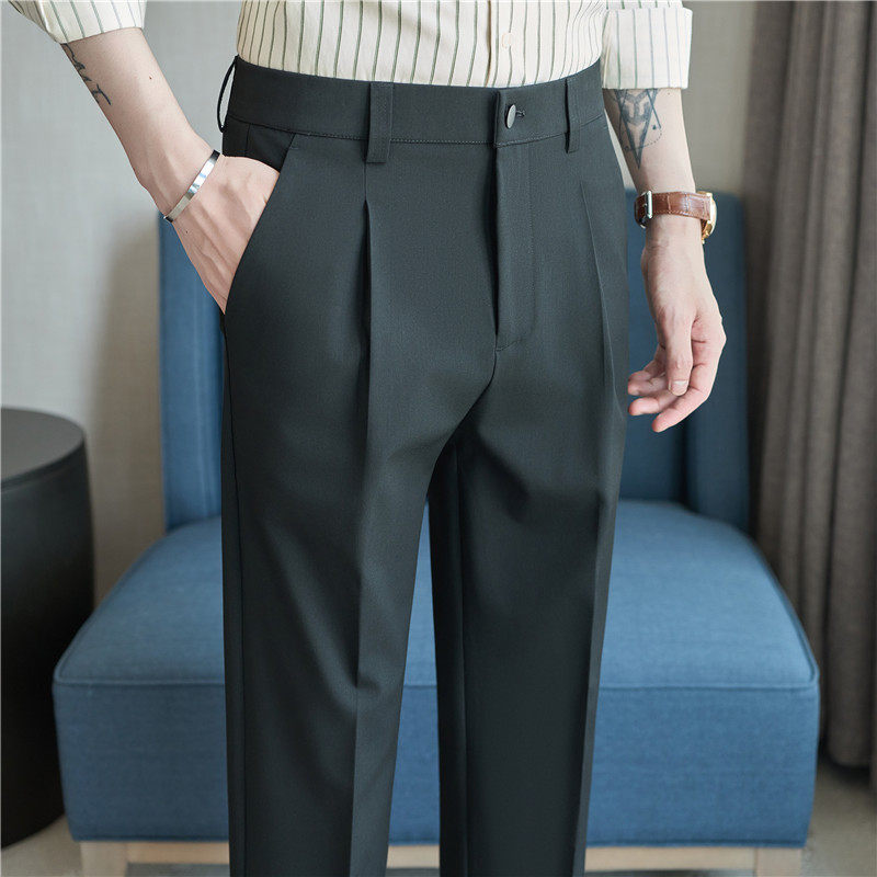 高品质薄款半松紧腰小直筒坠感休闲西裤男长裤藏青色XK8830-P67，男装西裤，电商A213