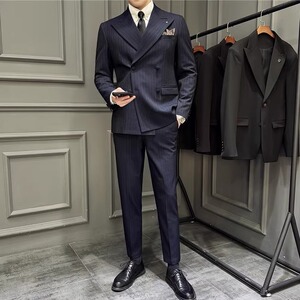 大戗驳领双排扣西服拉伸腰围西裤色织条纹西装三件套SJT2082-P285图片