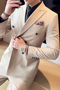 高品质面料西服套装纯色双排扣戗驳领西装三件套卡其SJT8021-P275图片