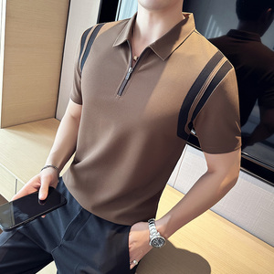高弹冰丝泡泡面料撞色半拉链polo衫男短袖翻领t恤白色PL2619-P58图片