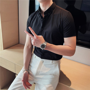 夏季薄款条纹短袖衬衫男修身商务正装休闲衬衣卡其色C1819-P63图片