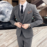 主推-格子西装男套装帅气修身韩版西服外套三件套深灰SJT101/P285，男装西服套装，电商A213