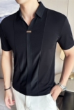 高弹V领短袖POLO衫男华夫格拼接冰丝无痕翻领T恤黑色T2420-P63，男装T恤，电商A213