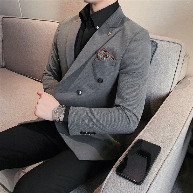 高品质条纹双排扣西装男上衣修身休闲西服外套单西黑色DX112-P155图片