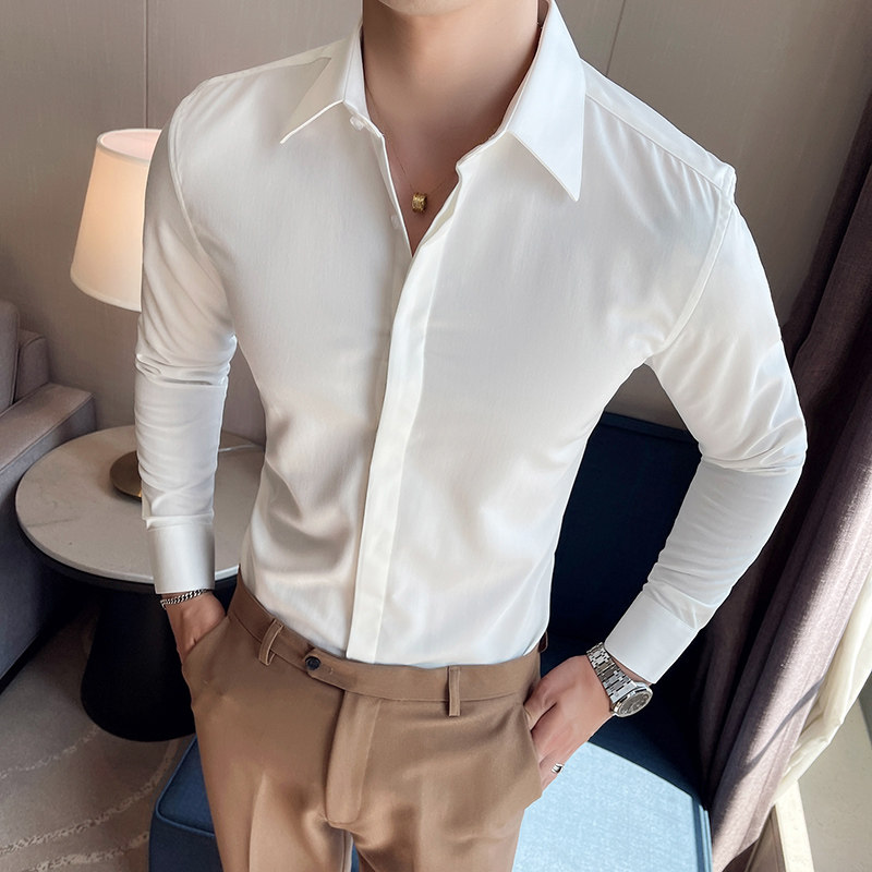 量大来谈~暗门襟尖领衬衫男长袖潮流帅气商务型男白色C29-P50特,男装衬衫,电商A213