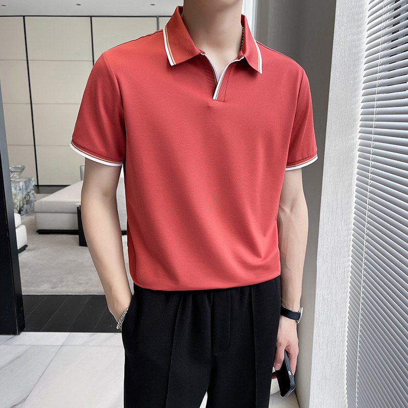轻熟风~V领拼色翻领T恤男士短袖POLO衫枫叶红PL05-P55图片