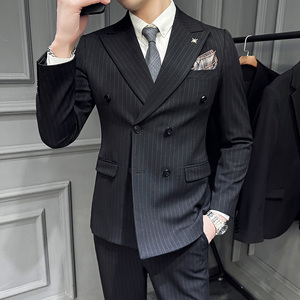 高级感戗驳领双排扣西服套装修身帅气条纹西装三件套SJT152-P285图片