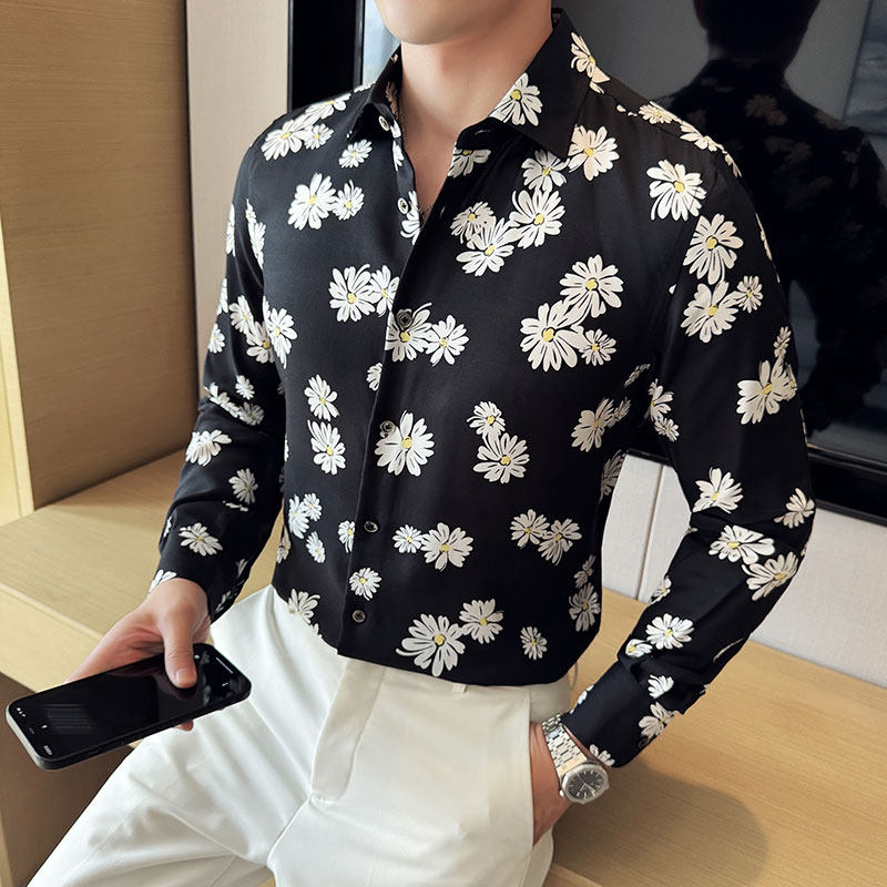 高级感雏菊印花衬衣时尚花衬衫男长袖商务休闲免烫白色CZ003-P63,天蓝色和白色搭配图片
