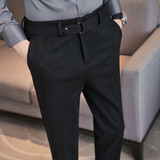 腰部可拉伸~磨毛加厚~弹力毛呢西裤男腰带装饰西裤黑色XK7786-P78，男装西裤，电商A213